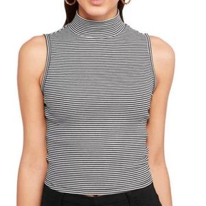 NWT Mock Neck Cropped Tank Small Neutral Black White Striped Crop Top New